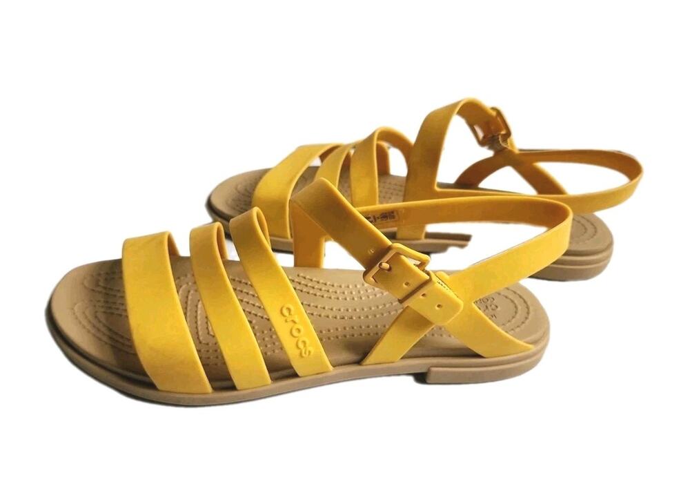 Crocs Womens Tulum Sandal Size 8 Canary Yellow Tan Strappy Fisherman Flat Shoe
